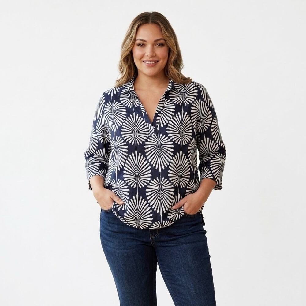 Joie Womens Linen Blend Top Plus Size 2X Blue White Leaves Pullover Leaf